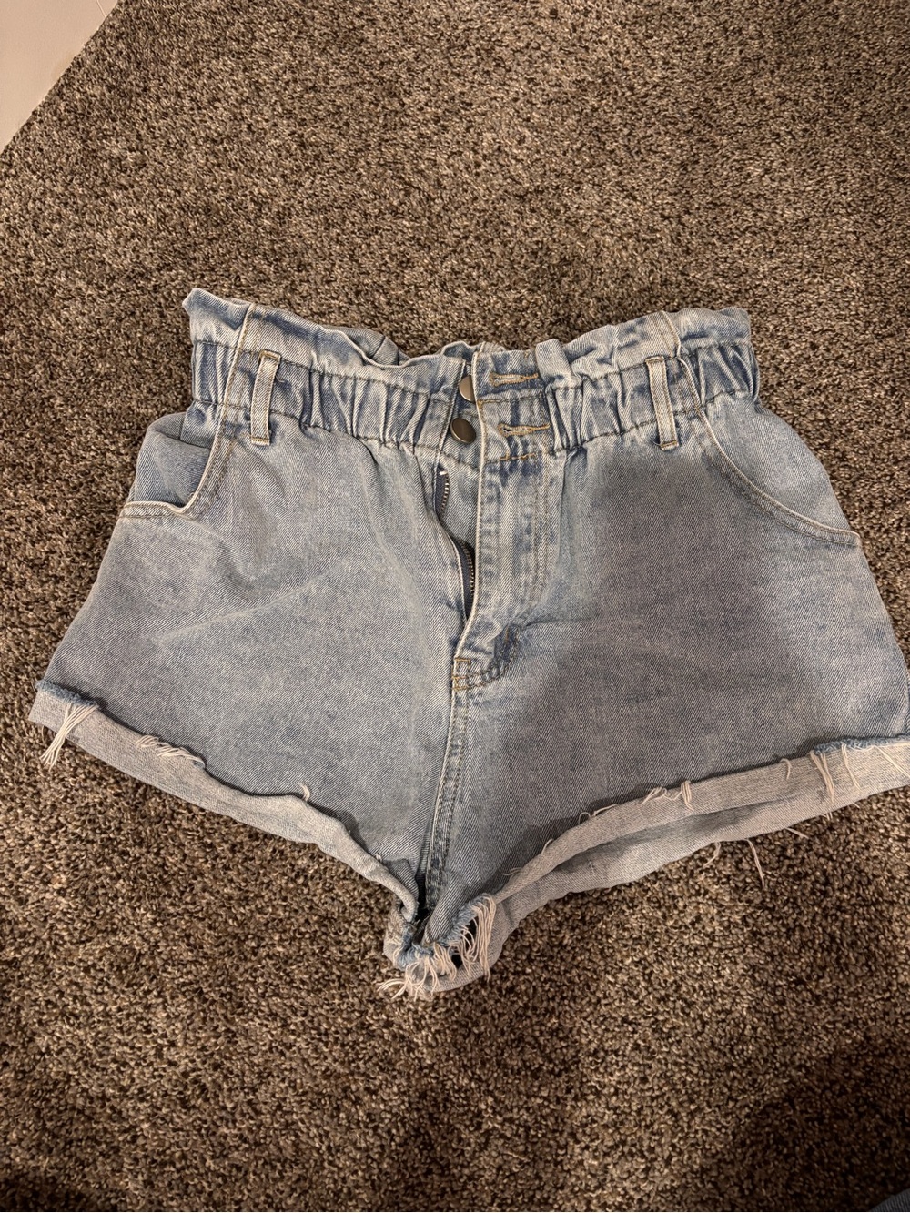 Light Blue High-Waist Paperbag Denim Shorts